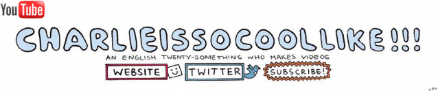 håndskrevet logo for charlieissocoollike med knapper for website, twitter og subscribe