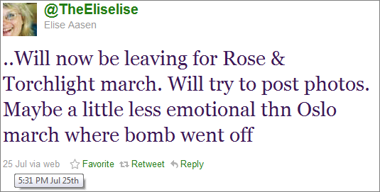 Tweet fra @TheEliselise: ..Will now be leaving for Rose & Torchlight march. Will try to post photos. Maybe a little less emotional thn Oslo march where bomb went off