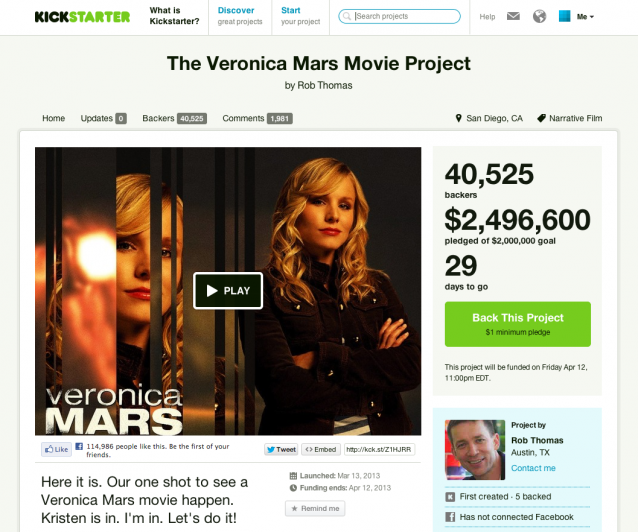Veronica Mars (spilt av Kristen Bell) var en TV-serie produsert i USA. Nå håper skaperen på å lage spillefilm, og har brukt Kickstarter for å skaffe penger. Det har han fått — på rekordtid. Skjermdump: kickstarter.com