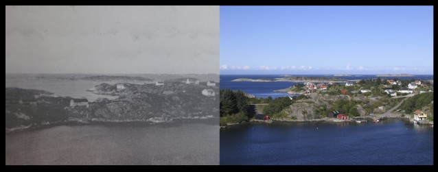 Et gammet bilde sammenlignes med et nyere bilde fra samme sted, som viser utsikten fra en haug ut mot en liten bygd ytterst mot havet. 