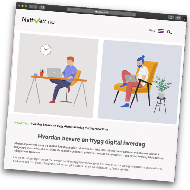 Et skjermbilde av en nettside med råd om sikker nettbruk. To illustrasjoner viser mennesker på hjemmekontor.