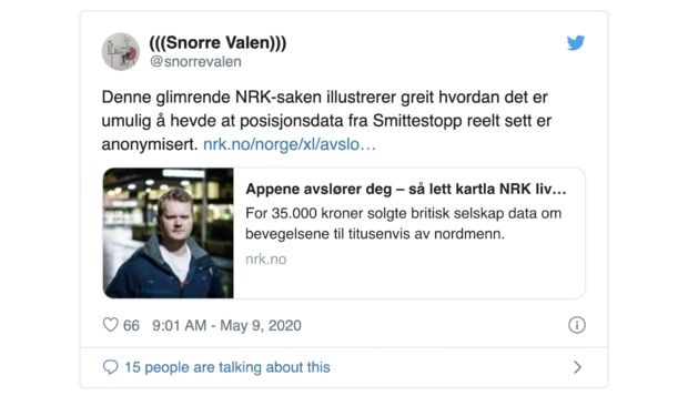 Skjermbilde av et Twitter-innlegg fra Snorre Valen. Det lenkes til NRKs sak og Valen kommenterer at "Denne glimrende NRK-saken illustrerer greit hvordan det er umulig å hevde at posisjonsdata fra Smittestopp reelt sett er anonymisert."