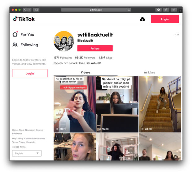 Skjermbilde av Lilla Aktuellts profil på TikTok, som viser noen av videoene de har publisert.