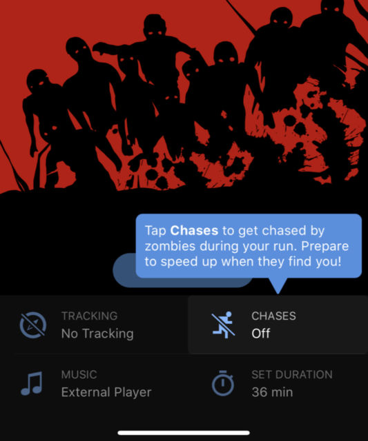 Skjermbilde fra appen som viser svarte zombier mot rød bakgrunn