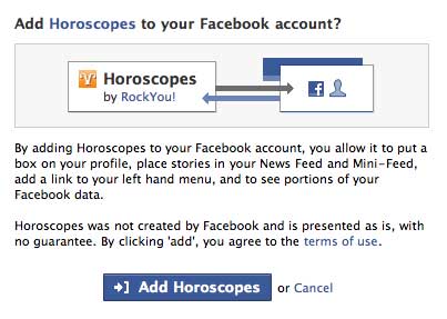 Horoskop - eksempel på godkjenning av applikasjon på Facebook