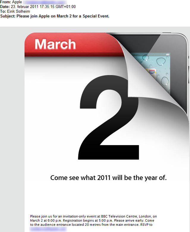Et kalenderblad merket March 2 som delvis avslører noe iPad-liknenden og teksten: Come see what 2011 will be the year of - Please join us for an invitation-only event at BBC Television Centre, London, on March 2 at 6:00 p.m. Registration begins at 5:00 p.m. Please arrive early. Come to the audience entrance located 20 metres from the main entrance. RSVP to mediarsvp@apple.com