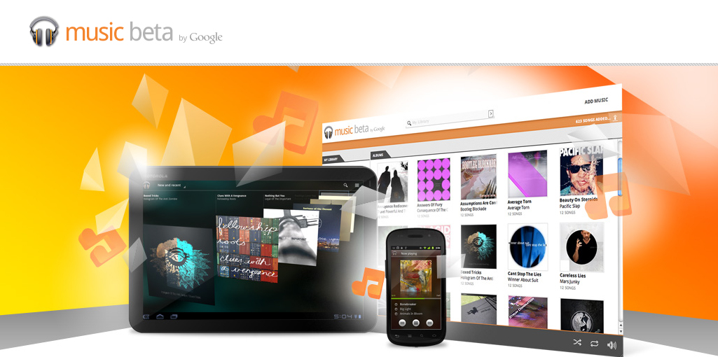 Skjermskudd fra Google Music Beta - viser musikkspilelren på nettbrett, mobil og skjerm foran en orange bakgrunn