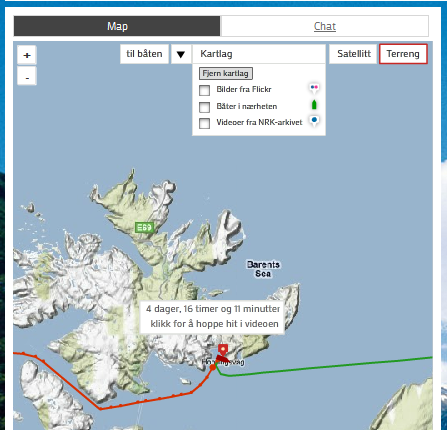 a map showing the flight of Hurtigruten, the travelled distance being red, the projected journey in green. 
