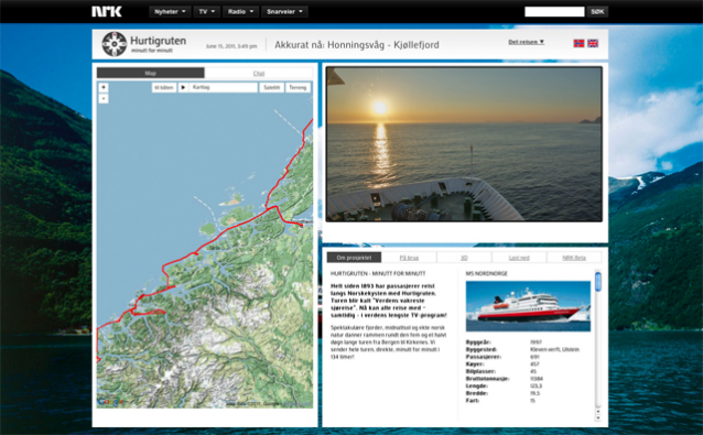 Screenshot showing the flash application, an interactive map, live video and information about the ship