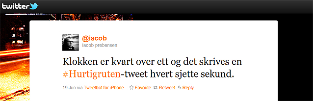 Twittermelding fra @iacob: Klokken er kvart over ett og det skrives en #Hurtigruten-tweet hvert sjette sekund.