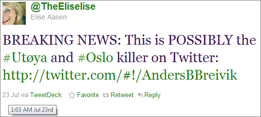 Tweet fra @TheEliselise: BREAKING NEWS This is POSSIBLY the #Utøya and #Oslo killer on Twitter