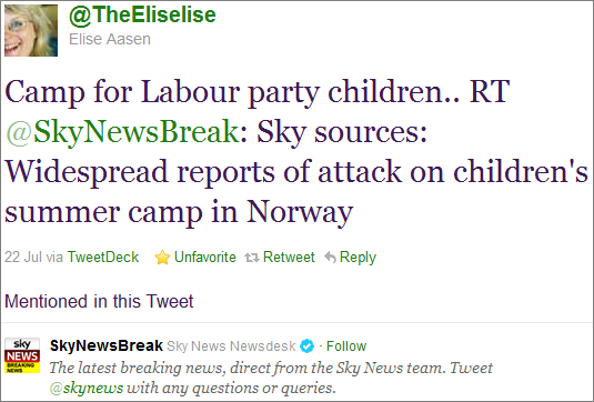 Tweet fra @TheEliselise: Camp for Labour party children.. RT @SkyNewsBreak Sky sources Widespread reports of attack on children's summer camp in Norway
