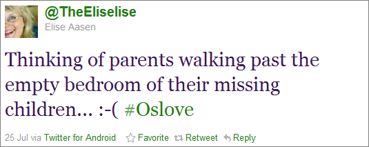 Tweet fra @TheEliselise: Thinking of parents walking past the empty bedroom of their missing children... :-( #Oslove