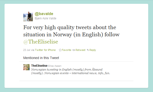 Tweet fra @bavalde: For very high quality tweets about the situation in Norway (in English) follow @TheEliselise