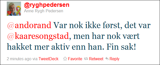 tweet fra @ryghpedersen Anne Rygh Pedersen @andorand Var nok ikke først, det var @kaaresongstad, men har nok vært hakket mer aktiv enn han. Fin sak!