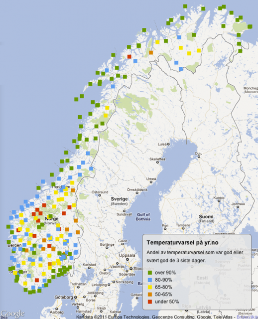 Kart over Norge med fargekodede kvalitetsmarkeringspunkt