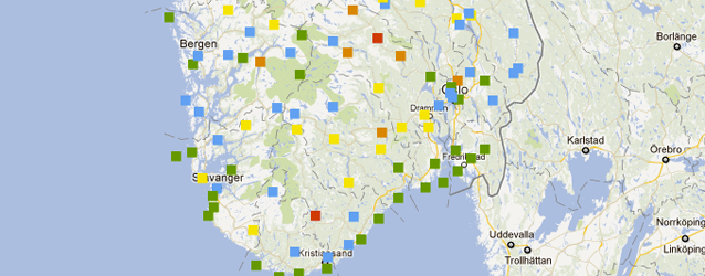 Utsnitt av norgeskart som med ulike fargekoder viser kvalitet på temperaturvarsler