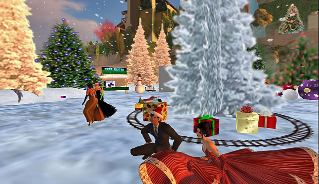 Skjermskudd fra Second Life - en overlesset utendørs julescene