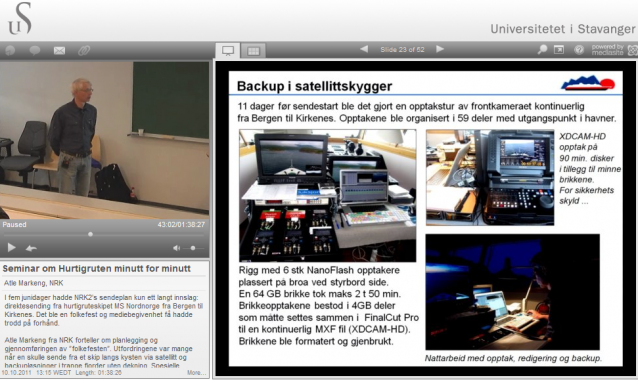 skjermskudd som viser foredragsholder i venstre del av bildet, slides'ene i høyre