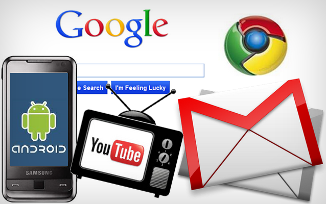 montasje av ulike google-produkter - mobil, youtube, gmail, chrome og søk