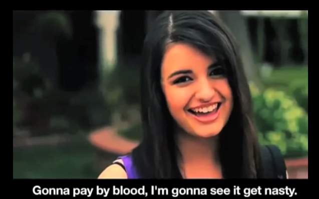 Faksimile fra Rebecca Blacks YouTube-video Friday undertekstet med det BLR TROR hun synger.