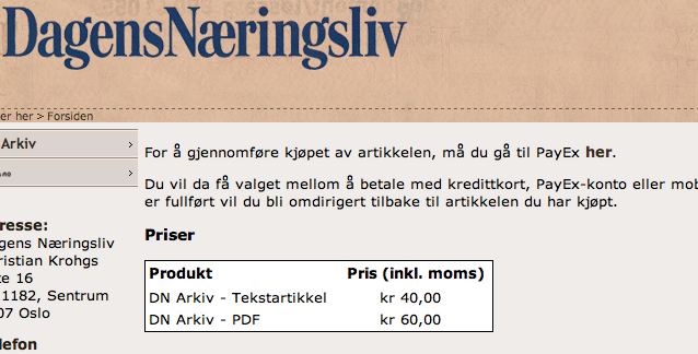 Skjermskudd fra Dagens Næringsliv - side for å kjøpe artikkel. Pris: tekstartikkel 40 kr Hele avisen 60 kr