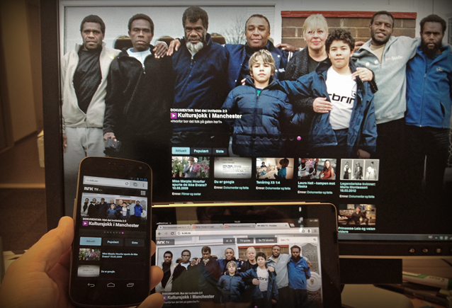 tv.nrk.no på tre skjermstørrelser - det samme nettsidebildet på en PC, en iPad og en mobil