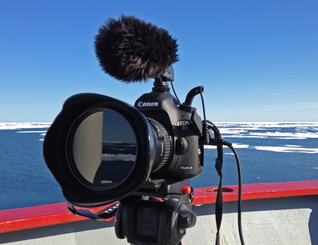 Et speilreflekskamera med mikrofon på står på et stativ, i bakgrunnen hav og is.
