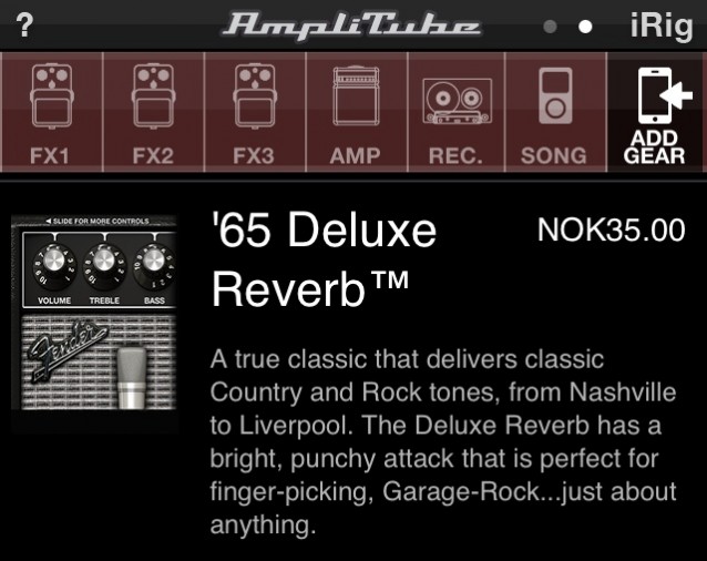 en "in app" kjøpsside fra Amplitube. Bl.a. teksten '65 Deluxe Reverb NOK 35