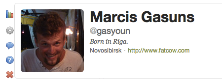 A twitter profile with name Marcis Gasuns, Twitter handle @gasyoun, Bio Born in Riga. Location Novosibirsk URL fatcow . com