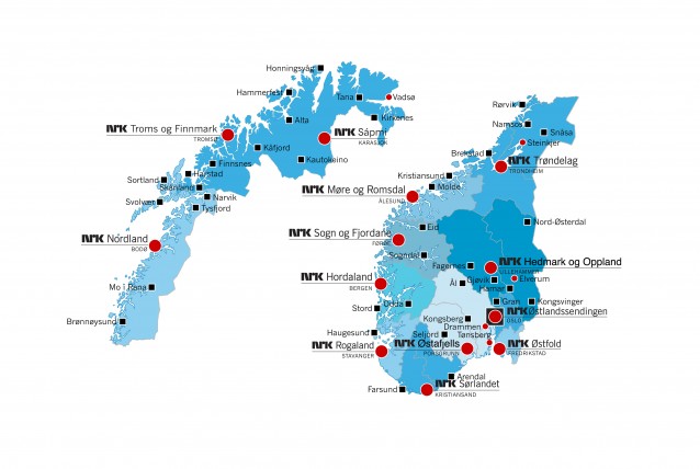 Norgeskart med NRKs distriktskontorer og lokalkontorer plottet inn