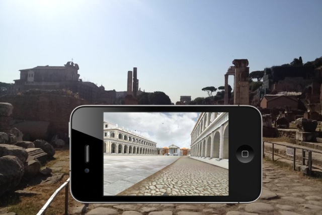 Et skjermbilde som viser forum romanum i bakgrunnen, og en iPhone med en 3D-modell av slik området har sett ut en gang i forgrunnen.