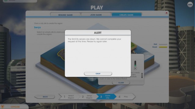 et skjermbilde fra et spill som krever at brukeren alltid er online. Bildet viser at produsentens servere er nede, som betyr at brukeren ikke får spille. 