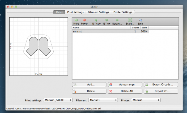 Programvaren Slic3r som brukes til å lage en 3D-modell om til et forsåelig format for en 3D-printer. 