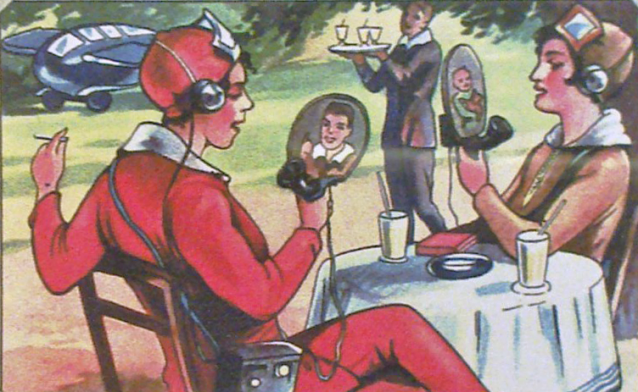 En 1930-talls tegningav to kvinnelige piloter som siter ved et cafebord og snakker i hver sin håndholdte bildetelefon