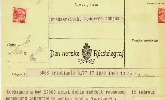 1920.02.18 - Telegram fra arkitekt Ole Øvergaard til stadsarkitekt Sverre Pedersen av Trondheim Byarkiv på Flickr CC BY
