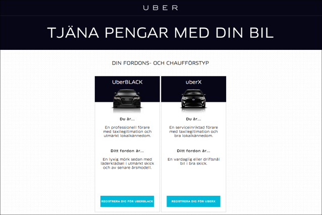 Uber-sjåfører i Stockholm kan velge mellom to ulike klasser de kan registrere seg i. Foto: Skjermdump Uber.com