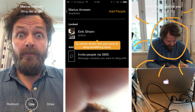 Facebooks Slingshot app har egen knapp som heter Selfie. Skuffende at det eneste den gjør er å bytte mellom telefonens to kamera.