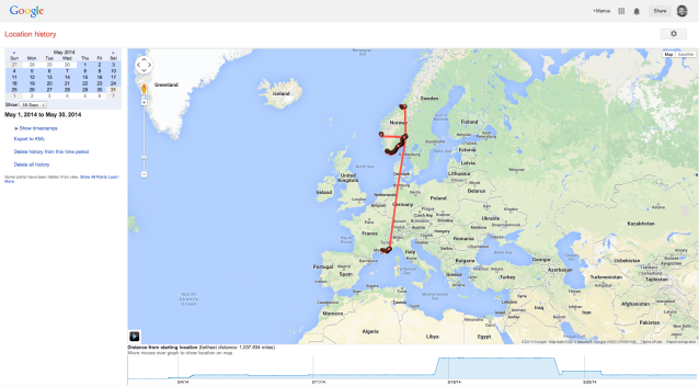En helt vanlig Mai i mitt liv. Screenshot: Google Location History