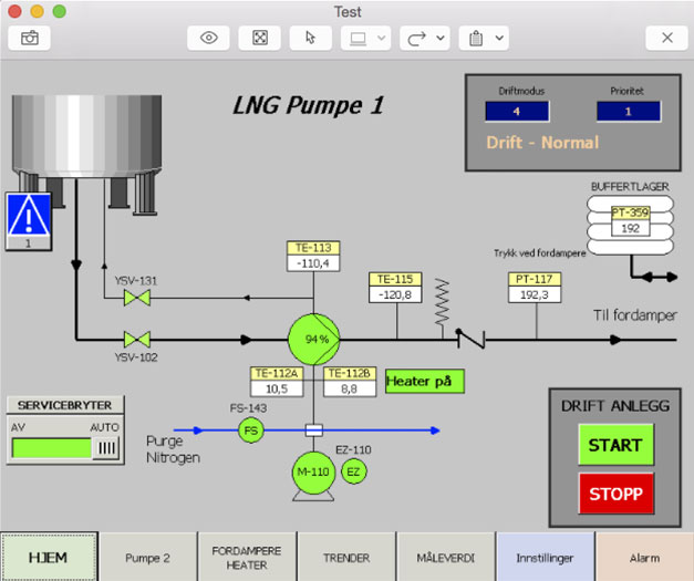 Denne skjermen lar deg skru av og på produksjonssystemet som lager flytende gass (LNG).