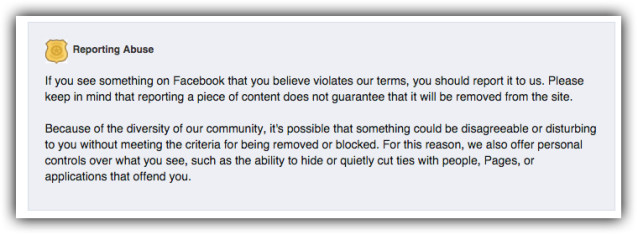 Facebook oppfordrer alle brukere til å rapportere inn diskriminerende innhold, men garanterer ikke at det blir fjernet. Foto: Skjermdump fra Facebook.