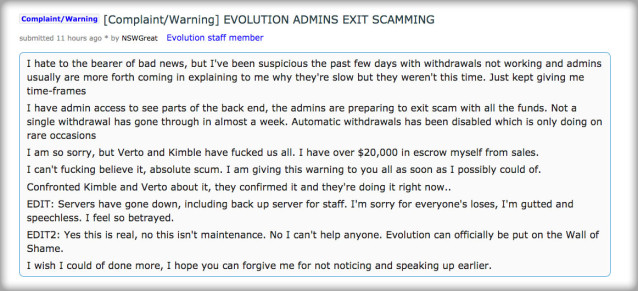 Reddit-brukeren NSWork, som selv hevder å være moderator på markedet Evolution, skriver i en tråd at eierne har svindlet til seg pengene som lå i markedsplassen.