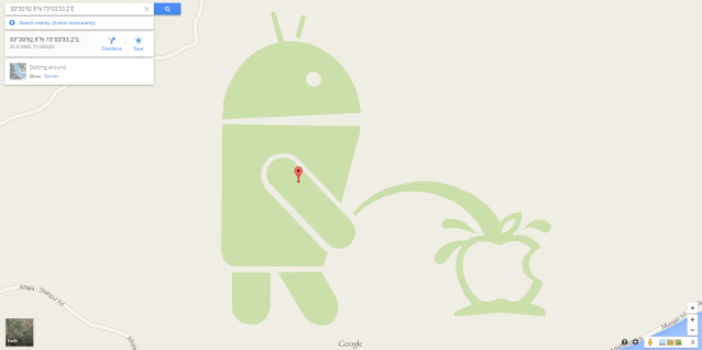 Android-logoen pisser på Apple-logoen - Kanskje den mest kjente hackingen med Google Map Maker. Foto: Google Maps Skjermdump
