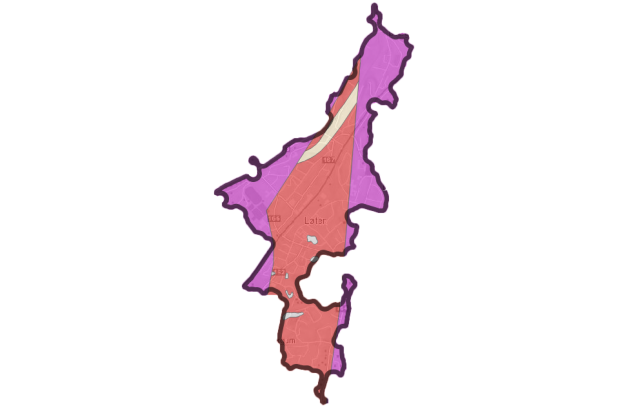 Løten: Her sees et eksempel med tettstedet Løten der beregningen ga at 55 prosent av arealet var dekket av aktsomhetsgrad høy (rød farge). Særlig høy sees med fiolett, middels til lav med gul.