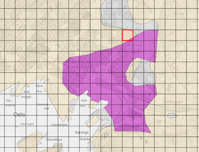 Arealberegning per rute: Areal for de fire aktsomhetsgradene ble beregnet for alle ruter. Den markerte ruta på Sofienberg i Oslo har 89 prosent av arealet sitt i aktsomhetsgrad middels til lav (gul farge).