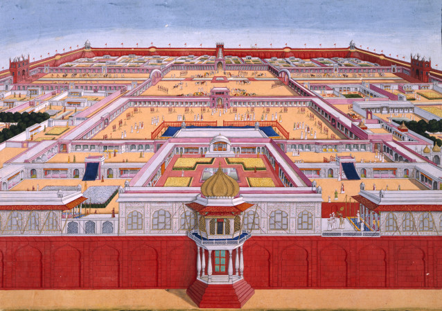 A bird's-eye view of the Red Fort at Delhi from the east, showing an emperor, probably Shah Alam (1759-1806) entering the Diwan-i-Khas on right. The Rang Mahal is on the left, the Khwabgah Jharoka in the centre and the Pearl Mosque on the extreme right. Foto: British Museum.