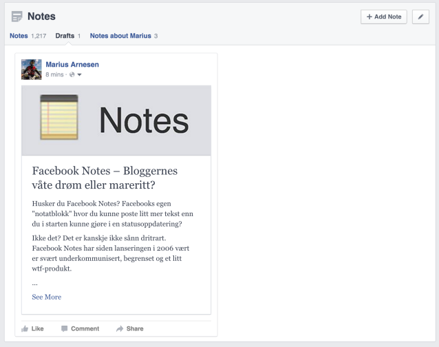 Facebook Notater har blitt en moderne og avansert tekstbehandler. Foto: Skjermdump Facebook Notes