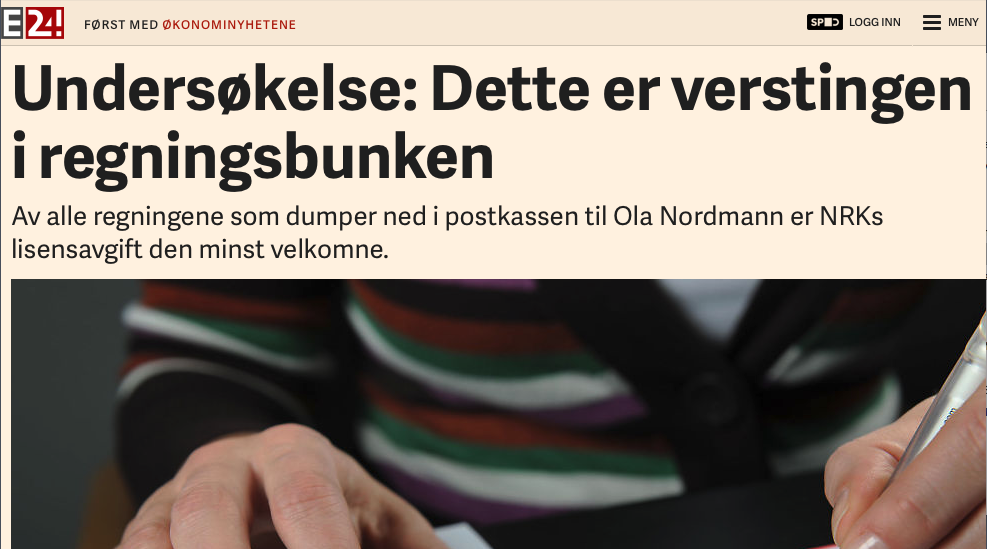 Overskrift: Undersøkelse: Dette er verstingen i regningsbunken Ingress: Av alle regningene som dumper ned i postkassen til Ola Nordmann er NRKs lisensavgift den minst velkomne.