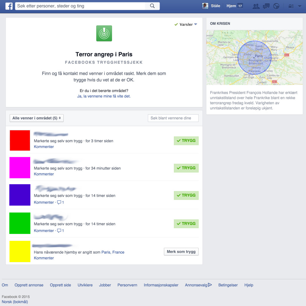 Facebooks "Sikkerhetssjekk" etter terror-angrepet i Paris 13. november