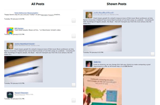 Eksempel på Facebook-feeden med og uten algoritme-filtrering.